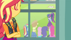 Size: 3410x1920 | Tagged: safe, screencap, applejack, fluttershy, pinkie pie, rainbow dash, rarity, sci-twi, sunset shimmer, twilight sparkle, equestria girls, equestria girls specials, g4, my little pony equestria girls: better together, my little pony equestria girls: forgotten friendship, applejack's hat, bowtie, clothes, cowboy hat, crossed arms, denim skirt, drone, faceless female, female, geode of empathy, geode of telekinesis, glasses, hat, hoodie, humane five, humane seven, humane six, jacket, jewelry, leather, leather jacket, magical geodes, necklace, offscreen character, ponytail, skirt, tank top