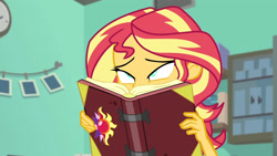 Size: 3410x1920 | Tagged: safe, screencap, sunset shimmer, equestria girls, equestria girls specials, g4, my little pony equestria girls: better together, my little pony equestria girls: forgotten friendship, book, faic, female, lidded eyes, out of context, solo