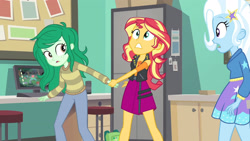 Size: 3410x1920 | Tagged: safe, screencap, sunset shimmer, trixie, wallflower blush, equestria girls, equestria girls specials, g4, my little pony equestria girls: better together, my little pony equestria girls: forgotten friendship, clothes, female, geode of empathy, hairpin, holding hands, hoodie, jacket, jewelry, leather, leather jacket, magical geodes, necklace, open mouth