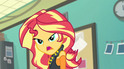 Size: 3410x1920 | Tagged: safe, screencap, sunset shimmer, equestria girls, equestria girls specials, g4, my little pony equestria girls: better together, my little pony equestria girls: forgotten friendship, clothes, cutie mark, cutie mark on clothes, female, geode of empathy, jacket, jewelry, leather, leather jacket, magical geodes, necklace, open mouth, solo