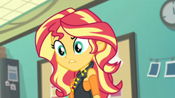 Size: 3410x1920 | Tagged: safe, screencap, sunset shimmer, equestria girls, equestria girls specials, g4, my little pony equestria girls: better together, my little pony equestria girls: forgotten friendship, clothes, cutie mark, cutie mark on clothes, female, geode of empathy, jacket, jewelry, leather, leather jacket, magical geodes, necklace, solo