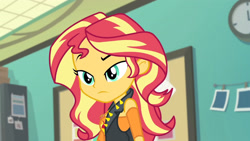 Size: 3410x1920 | Tagged: safe, screencap, sunset shimmer, equestria girls, equestria girls specials, g4, my little pony equestria girls: better together, my little pony equestria girls: forgotten friendship, clothes, cutie mark, cutie mark on clothes, female, geode of empathy, jacket, jewelry, leather, leather jacket, magical geodes, necklace, solo