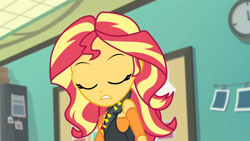Size: 3410x1920 | Tagged: safe, screencap, sunset shimmer, equestria girls, equestria girls specials, g4, my little pony equestria girls: better together, my little pony equestria girls: forgotten friendship, clothes, cutie mark, cutie mark on clothes, eyes closed, female, geode of empathy, jacket, jewelry, leather, leather jacket, magical geodes, necklace, solo