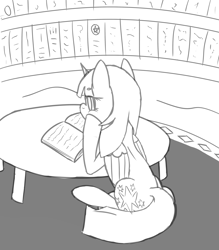 Size: 3104x3543 | Tagged: safe, artist:gnashie, twilight sparkle, alicorn, pony, g4, book, bookshelf, facing away, high res, reading, rug, sitting, solo, table, twilight sparkle (alicorn)