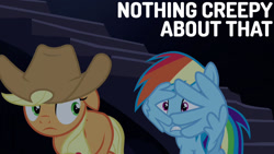 Size: 1280x720 | Tagged: safe, edit, edited screencap, editor:quoterific, screencap, applejack, rainbow dash, earth pony, pegasus, pony, castle mane-ia, g4, season 4, applejack's hat, cowboy hat, ears back, female, hat, mare, scared, scaredy dash, wings