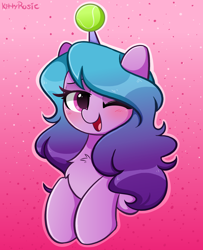 Size: 3752x4624 | Tagged: safe, artist:kittyrosie, izzy moonbow, pony, unicorn, g5, ball, blushing, chest fluff, cute, female, horn, horn impalement, hornball, izzy's tennis ball, izzybetes, mare, one eye closed, open mouth, open smile, smiling, solo, tennis ball, wink