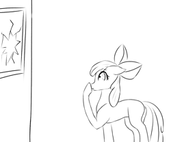 Size: 1227x1020 | Tagged: safe, artist:mavericksinferno, apple bloom, earth pony, pony, g4, atg 2021, broken window, female, filly, hoof over mouth, newbie artist training grounds, solo, uh oh, window