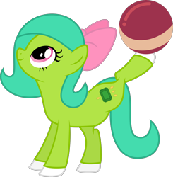 Size: 4000x4085 | Tagged: safe, artist:melisareb, oc, oc only, oc:emerald joy, earth pony, pony, absurd resolution, ball, bow, female, looking up, mare, side view, simple background, solo, transparent background, vector