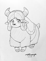 Size: 768x1024 | Tagged: safe, artist:trump, yona, yak, g4, bow, cloven hooves, cute, female, grayscale, hair bow, monkey swings, monochrome, pencil drawing, simple background, smiling, solo, traditional art, white background, yonadorable