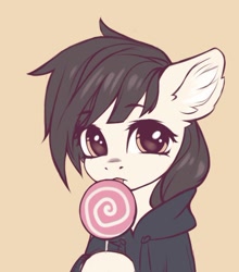 Size: 574x651 | Tagged: safe, artist:inowiseei, pony, candy, clothes, ear fluff, food, hoodie, lollipop, solo
