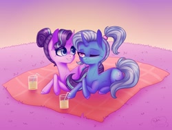 Size: 2048x1536 | Tagged: safe, artist:cloudberry_mess, starlight glimmer, trixie, pony, unicorn, g4, alternate hairstyle, curved horn, female, glass, horn, lesbian, picnic blanket, ponytail, ship:startrix, shipping, straw