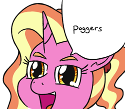 Size: 632x553 | Tagged: safe, artist:jargon scott, luster dawn, pony, unicorn, g4, bust, close-up, female, mare, poggers, simple background, speech bubble, white background