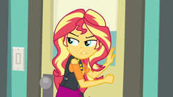 Size: 3410x1920 | Tagged: safe, screencap, sunset shimmer, equestria girls, equestria girls series, forgotten friendship, g4, clothes, cutie mark, cutie mark on clothes, female, geode of empathy, jacket, jewelry, leather, leather jacket, magical geodes, necklace, solo
