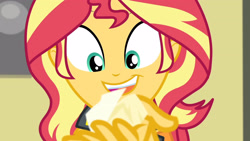 Size: 3410x1920 | Tagged: safe, screencap, sunset shimmer, equestria girls, equestria girls series, forgotten friendship, g4, clothes, cute, female, jacket, leather, leather jacket, open mouth, paper, shimmerbetes, smiling, solo
