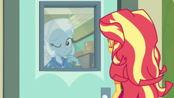 Size: 3410x1920 | Tagged: safe, screencap, sunset shimmer, trixie, equestria girls, equestria girls specials, g4, my little pony equestria girls: better together, my little pony equestria girls: forgotten friendship, clothes, cute, diatrixes, duo, duo female, female, hairpin, hoodie, jacket, leather, leather jacket, one eye closed