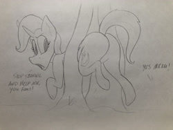 Size: 4032x3024 | Tagged: safe, artist:dynamo1940, trixie, pony, unicorn, g4, butt, buttstuck, dialogue, female, implied snails, implied snips, large butt, looking back, mare, monochrome, offscreen character, open mouth, pencil drawing, plot, solo, stuck, stuck between trees, the great and powerful ass, traditional art