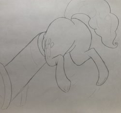 Size: 3050x2848 | Tagged: safe, artist:dynamo1940, pinkie pie, earth pony, pony, g4, balloonbutt, butt, buttstuck, featureless crotch, female, high res, large butt, mare, monochrome, party cannon, pencil drawing, plot, pony cannonball, solo, stuck, traditional art, underhoof