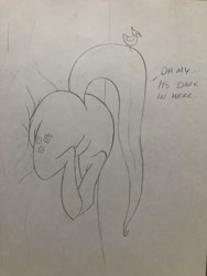Size: 3024x4032 | Tagged: safe, artist:dynamo1940, fluttershy, bird, pegasus, pony, butt, buttstuck, dialogue, female, flutterbutt, large butt, mare, monochrome, pencil drawing, plump, solo, stuck, stuck between trees, the ass was fat, too fat to fit, traditional art, tree