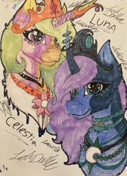 Size: 2925x4029 | Tagged: safe, artist:yayeet12369, princess celestia, princess luna, alicorn, pony, g4, bust, female, horn, horn jewelry, jewelry, mare, royal sisters, siblings, sisters, traditional art