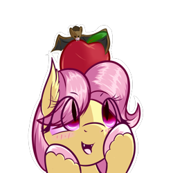Size: 1600x1600 | Tagged: safe, artist:magician-horse, fluttershy, bat, bat pony, pony, g4, apple, bat ponified, bust, butterscotch, cute, eye clipping through hair, fangs, flutterbat, food, male, race swap, rule 63, shyabetes, simple background, solo, stallion, transparent background