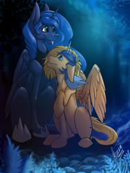 Size: 3000x4000 | Tagged: safe, artist:stirren, princess luna, oc, oc:wartex shine, alicorn, pony, g4, alicorn oc, duo, horn, hug, night, wings