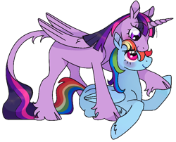 Size: 760x614 | Tagged: safe, artist:universalheart, rainbow dash, twilight sparkle, alicorn, classical unicorn, pegasus, pony, unicorn, g4, blushing, cloven hooves, female, horn, leonine tail, lesbian, missing cutie mark, ship:twidash, shipping, simple background, transparent background, twilight sparkle (alicorn), unshorn fetlocks