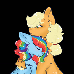 Size: 1280x1280 | Tagged: safe, artist:a-x-o, applejack, rainbow dash, earth pony, pegasus, pony, g4, black background, female, floppy ears, height difference, lesbian, mare, ship:appledash, shipping, simple background