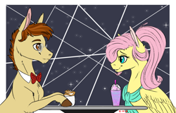 Size: 1426x912 | Tagged: safe, artist:eperyton, fluttershy, oc, earth pony, pegasus, pony, g4, bowtie, canon x oc, clothes, coffee, earth pony oc, female, food, glasses, latte, looking at each other, male, milkshake, scarf, shipping, smiling, straight, unicorn frappuccino, wings