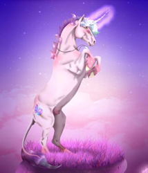 Size: 600x700 | Tagged: safe, artist:eperyton, oc, oc only, pony, unicorn, floating island, glowing horn, horn, jewelry, leonine tail, necklace, outdoors, rearing, solo, unicorn oc