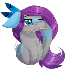 Size: 1390x1523 | Tagged: safe, artist:inspiredpixels, oc, oc only, pony, bust, chest fluff, coat markings, colored ears, feather, floppy ears, one eye closed, simple background, solo, tongue out, transparent background