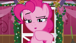 Size: 1920x1080 | Tagged: safe, screencap, pinkie pie, earth pony, pony, g4, the great escape room, female, mare, open mouth, raised eyebrow, raised hoof, solo
