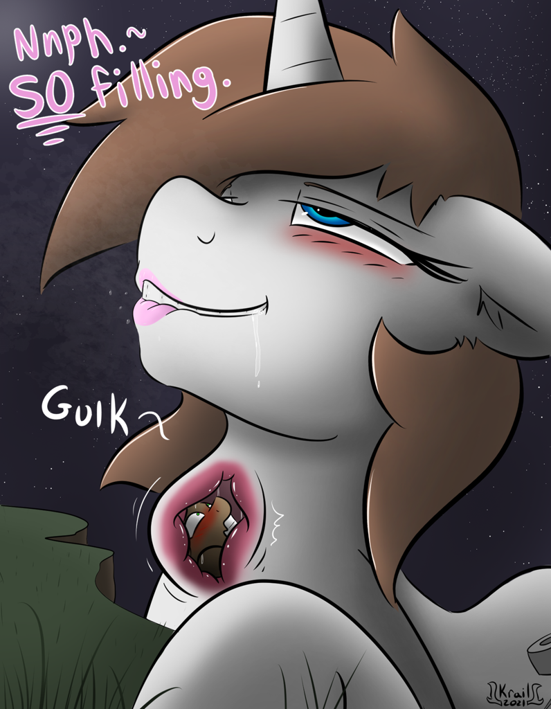 2665148 - suggestive, artist:kingkrail, oc, oc only, oc:flower star,  oc:regulus, earth pony, pony, unicorn, series:flowers snackrifice,  blushing, breath, drool, eyes rolling back, fear, female pred, internal,  lip bite, lipstick, male prey, night,