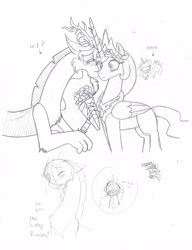 Size: 2479x3229 | Tagged: safe, artist:chibi-n92, discord, princess cadance, princess celestia, princess luna, alicorn, draconequus, pony, g4, bouquet, bust, cheek kiss, eye clipping through hair, eyebrows, eyebrows visible through hair, eyes closed, female, flower, high res, jewelry, kissing, lineart, male, mare, monochrome, peytral, ship:dislestia, shipping, straight, surprised, tiara, traditional art, wide eyes