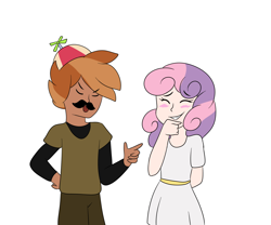 Size: 1800x1500 | Tagged: safe, artist:marimey, button mash, sweetie belle, human, g4, blushing, dark skin, fake moustache, female, humanized, laughing, male, ship:sweetiemash, shipping, simple background, straight, the stache, white background