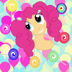 Size: 1920x1920 | Tagged: safe, artist:sarastudly, pinkie pie, human, g4, abstract background, bust, candy, eyelashes, female, food, humanized, lollipop, smiling, solo