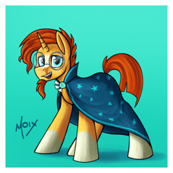 Size: 2000x2000 | Tagged: safe, artist:supermoix, sunburst, pony, unicorn, g4, blaze (coat marking), cloak, clothes, coat markings, cute, facial hair, facial markings, glasses, goatee, high res, horn, looking at you, male, open mouth, raised tail, signature, simple background, smiling, socks (coat markings), solo, stallion, standing, sunburst's cloak, sunburst's glasses, tail