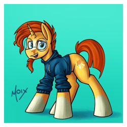 Size: 2000x2000 | Tagged: safe, artist:supermoix, sunburst, pony, unicorn, g4, blaze (coat marking), bottomless, clothes, coat markings, cute, facial hair, facial markings, glasses, goatee, high res, hoodie, horn, looking at you, male, open mouth, partial nudity, raised tail, signature, smiling, socks (coat markings), solo, stallion, standing, sunburst's glasses, tail