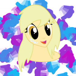 Size: 1440x1440 | Tagged: safe, artist:sarastudly, derpy hooves, human, g4, abstract background, alternative cutie mark placement, bust, eyelashes, female, humanized, smiling, solo
