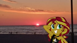 Size: 1920x1080 | Tagged: safe, sunset shimmer, equestria girls, equestria girls series, forgotten friendship, g4, beach, clothes, dusk, equestria girls in real life, female, irl, ocean, photo, sky, smiling, solo, sunset, swimsuit