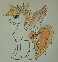 Size: 2816x3000 | Tagged: safe, artist:goldlines005, oc, oc only, oc:sunrise, alicorn, pony, alicorn oc, high res, horn, male, parent:princess celestia, solo, stallion, traditional art, wings