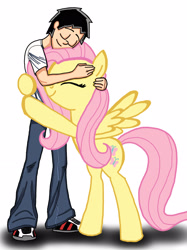 Size: 1936x2592 | Tagged: safe, alternate version, artist:ceehoff, fluttershy, oc, human, pegasus, pony, g4, bipedal, canon x oc, clothes, colored, duo, eyes closed, female, hug, human oc, male, mare, pants, shoes, signature, simple background, smiling, white background, wings