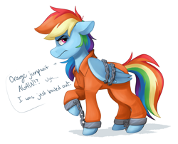 Size: 3416x2761 | Tagged: safe, artist:luximus17, rainbow dash, pegasus, pony, g4, bound wings, chained, chains, clothes, cuffs, grumpy, high res, never doubt rainbowdash69's involvement, prison outfit, prisoner, prisoner rd, shackles, text, wings