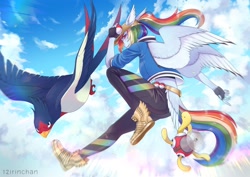 Size: 2122x1500 | Tagged: safe, artist:12irinchan, rainbow dash, shuckle, swellow, anthro, plantigrade anthro, g4, crossover, female, flying, human facial structure, poké ball, pokémon, propeller, sky, solo, tail feathers