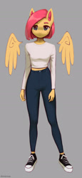 Size: 1200x2606 | Tagged: safe, artist:mrscroup, fluttershy, pegasus, anthro, g4, alternate hairstyle, clothes, converse, floating wings, gray background, jeans, pants, shoes, short hair, simple background, sneakers, solo, wings
