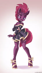 Size: 2317x3963 | Tagged: safe, artist:lummh, tempest shadow, unicorn, anthro, unguligrade anthro, my little pony: the movie, abstract background, bare shoulders, beautiful, body scars, breasts, broken horn, choker, cleavage, clothes, cute, dress, eye scar, eyelashes, eyeshadow, female, gradient background, grin, hand on chest, happy, high res, hoof shoes, hooves, horn, joy, legs, lidded eyes, long sleeves, makeup, minidress, miniskirt, movie, muscles, muscular female, pretty pretty tempest, raised eyebrow, scar, skirt, smiling, solo, standing, style emulation