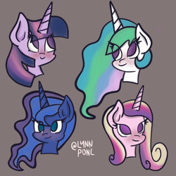 Size: 2048x2048 | Tagged: safe, artist:lynnpone, princess cadance, princess celestia, princess luna, twilight sparkle, alicorn, pony, g4, alicorn tetrarchy, blushing, bust, eye clipping through hair, female, high res, mare, no pupils, royal sisters, siblings, simple background, sisters, twilight sparkle (alicorn)