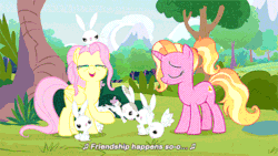 Size: 500x281 | Tagged: safe, screencap, angel bunny, discord, fluttershy, luster dawn, draconequus, pegasus, pony, rabbit, unicorn, g4, season 9, the last problem, animal, animated, bright, female, gif, looking at each other, male, mare, older, older fluttershy, portal, shiny, singing, the magic of friendship grows