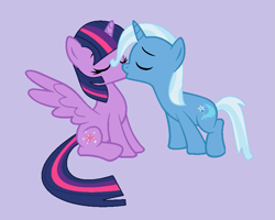 Size: 835x667 | Tagged: safe, artist:brightstar40k, trixie, twilight sparkle, alicorn, pony, unicorn, g4, duo, eyes closed, female, kiss on the lips, kissing, lesbian, ship:twixie, shipping, simple background, twilight sparkle (alicorn)