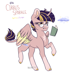 Size: 1862x1902 | Tagged: safe, artist:moccabliss, oc, oc only, oc:cirrus sparkle, alicorn, pony, curved horn, female, glasses, horn, leonine tail, magical lesbian spawn, mare, offspring, parent:spitfire, parent:twilight sparkle, solo, two toned wings, wings