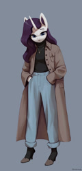 Size: 1200x2509 | Tagged: safe, artist:mrscroup, rarity, unicorn, anthro, g4, clothes, coat, gray background, high heels, jewelry, necklace, pants, shoes, simple background, solo, sweater, turtleneck